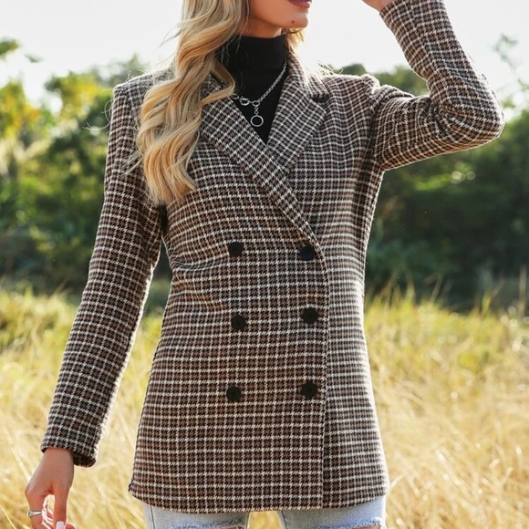 Blazer jacket gingham plaid double breasted brown - Picture 2 of 6